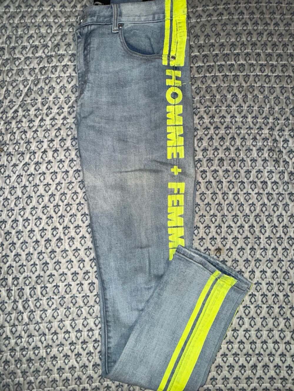 Homme + Femme Light Wash Denim Jeans with Neon Yellow Side Stripe Size 32